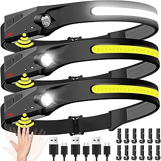 Headlamp Rechargeable 3PCS, 230° Wide Beam Head Lamp LED with Motion Sensor for Adults - Camping Accessories Gear, Waterproof Head Light Flashlight for Hiking, Running, Repairing, Fishing, Cycling